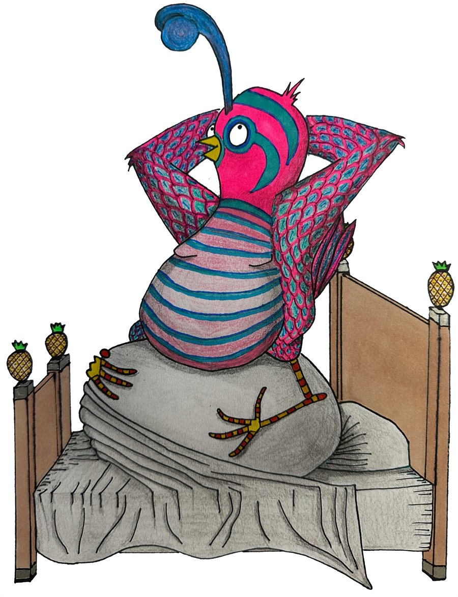 A drawing of a pink striped bird lounging on a bed with pineapple bedposts.
